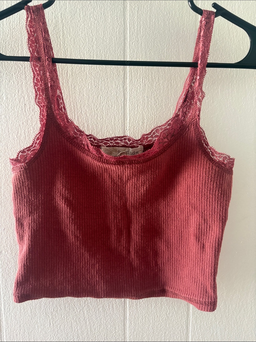 dusty rose ribbed tank top with lace trim